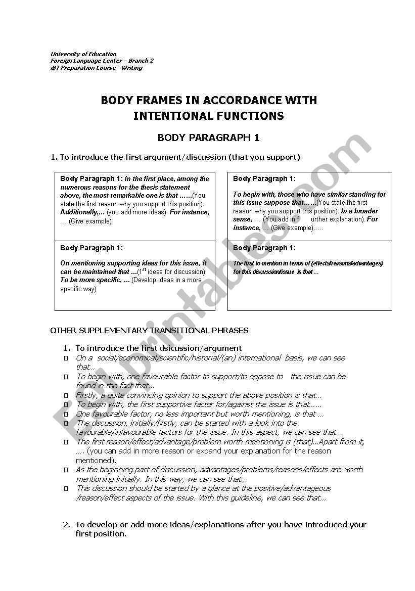 Body frame for writing worksheet