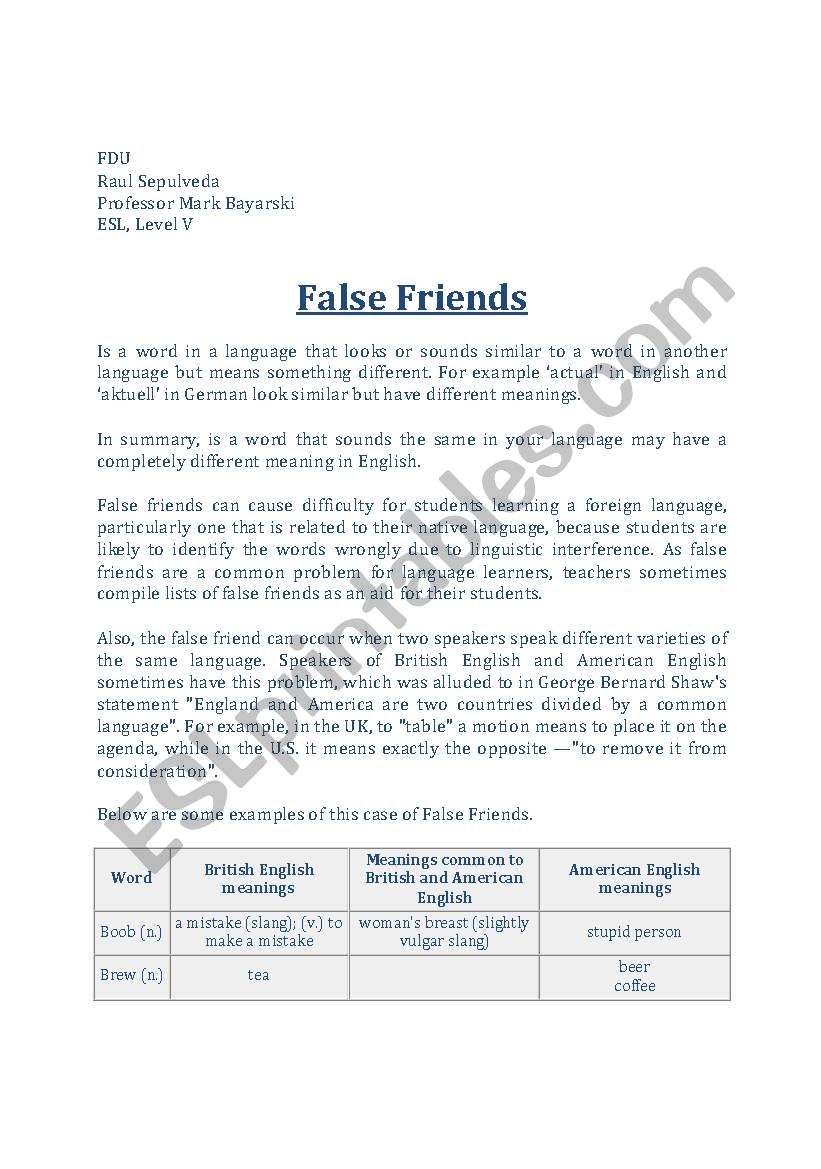 False Friends worksheet