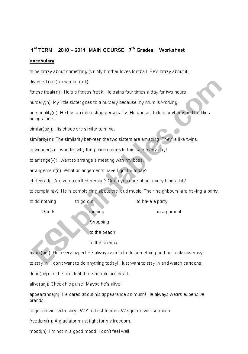 Vocabulary for 7th grades/present simple vs. present cont.