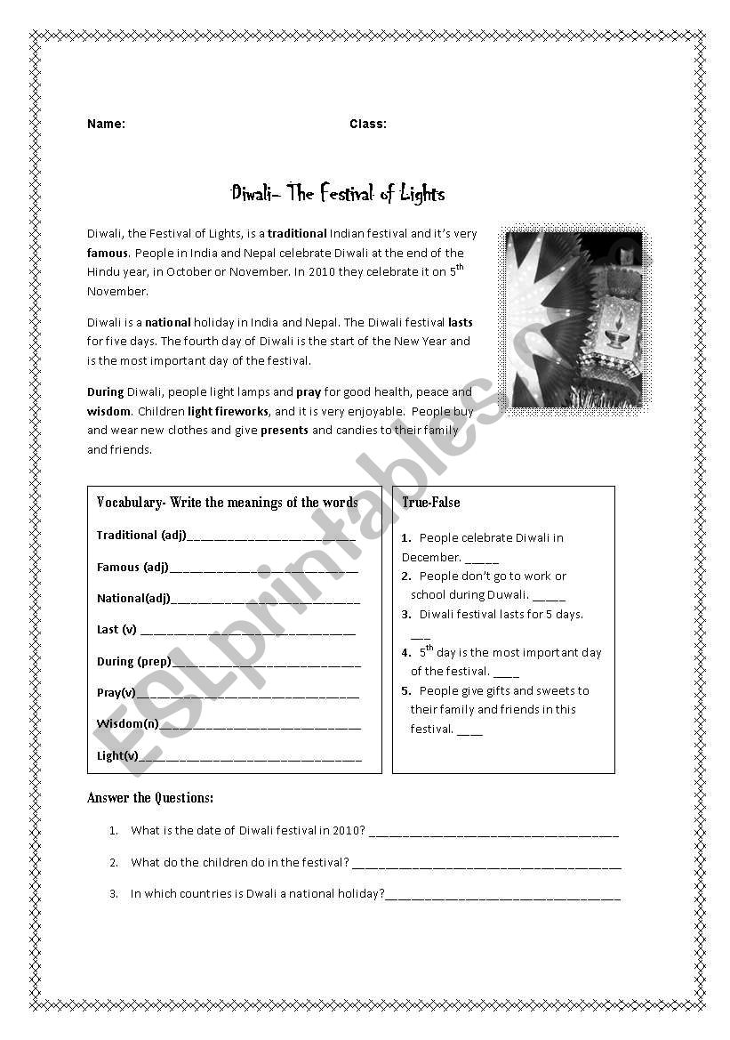 Diwali Festival Reading worksheet