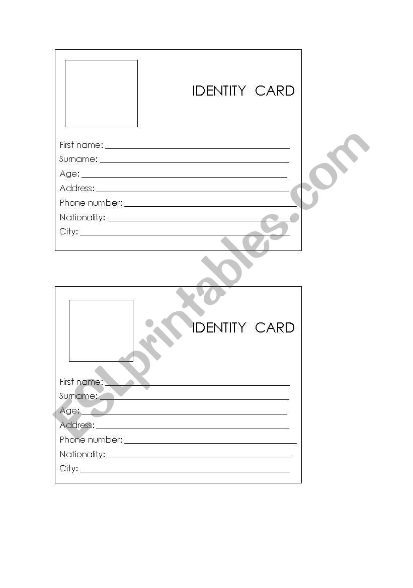 Identity Card worksheet