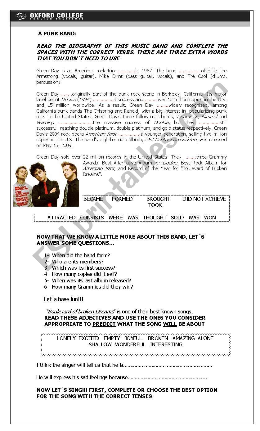 BOULEVARD OF BROKEN DREAMS worksheet