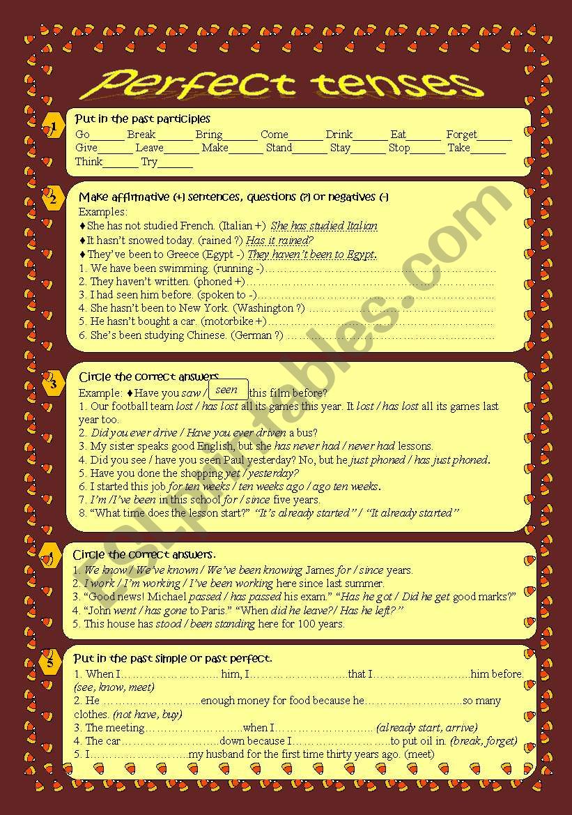 Perfect tenses worksheet