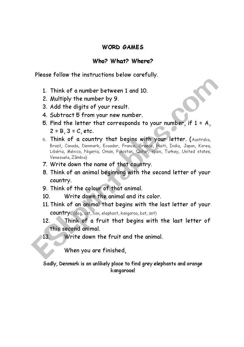 word game worksheet