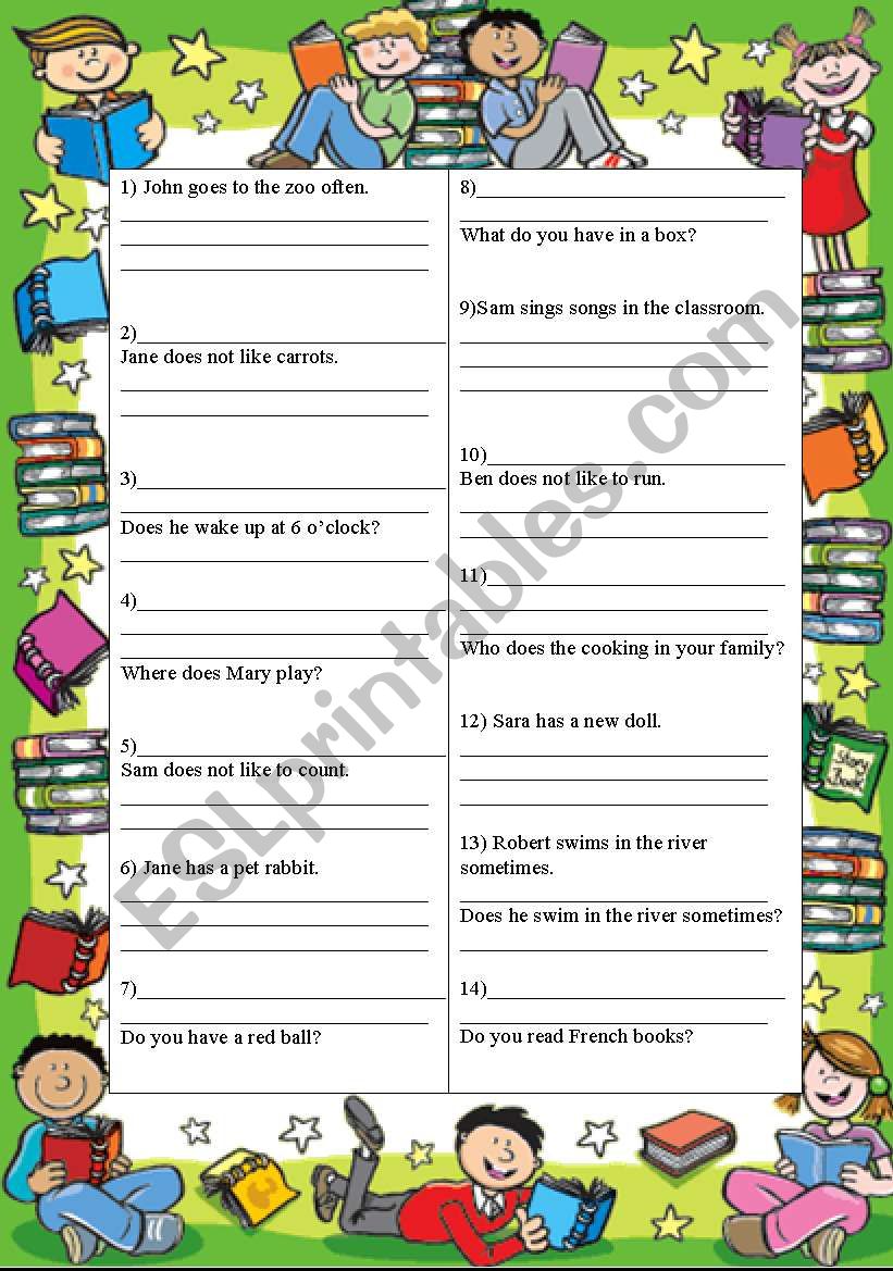 simple present: negatives, do/does questions, positive sentences and wh-questions