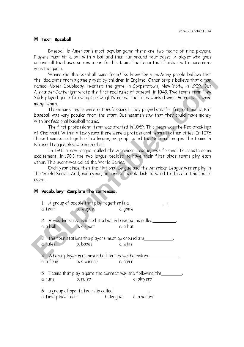 Baseball Text and Exercises worksheet