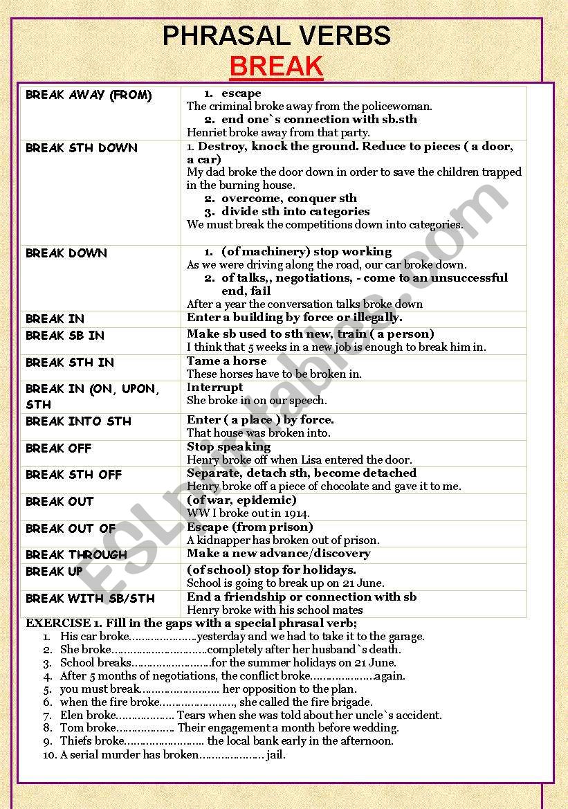 PHRASAL VERBS: BREAK worksheet