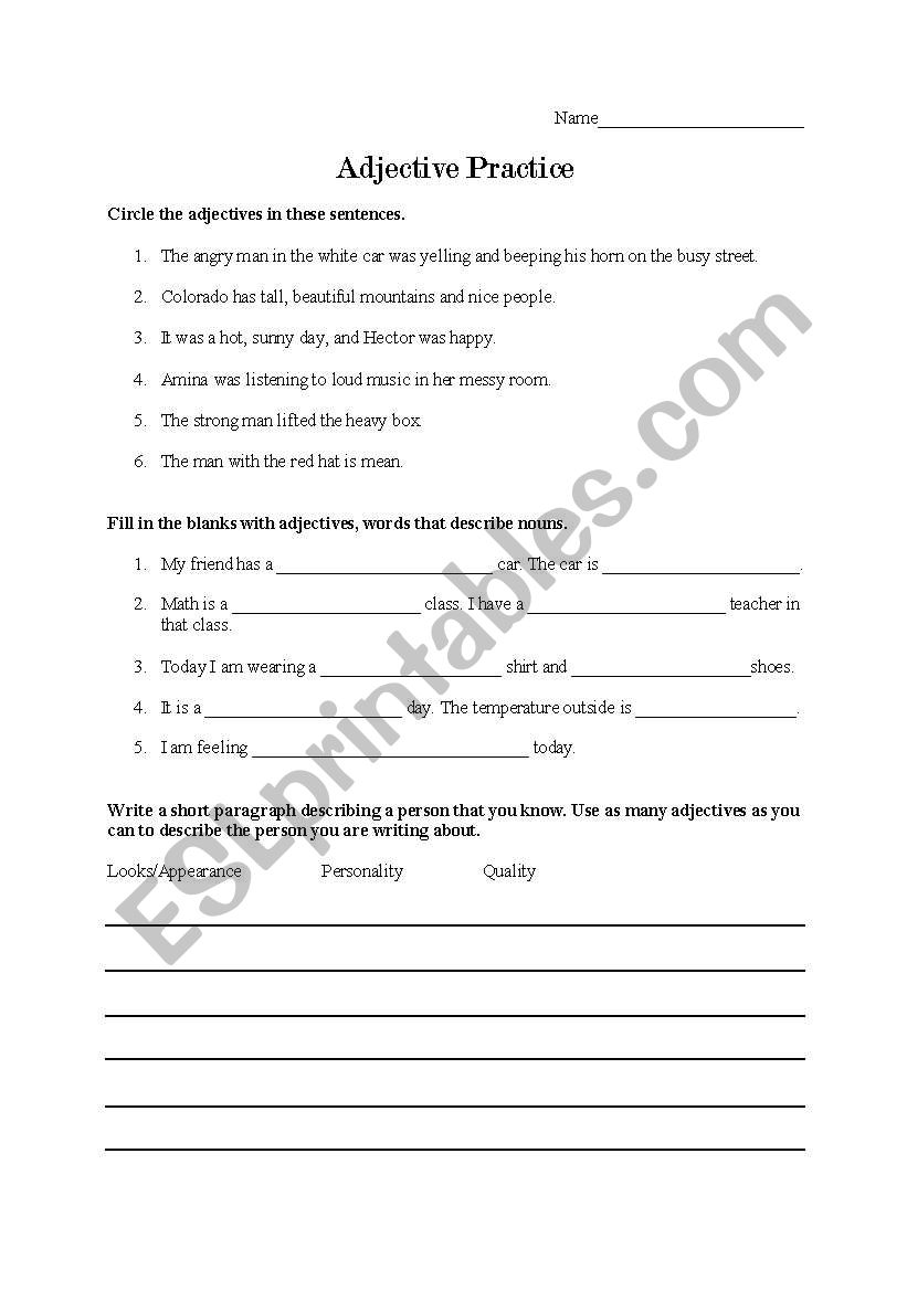 Adjective Practice Worksheet worksheet