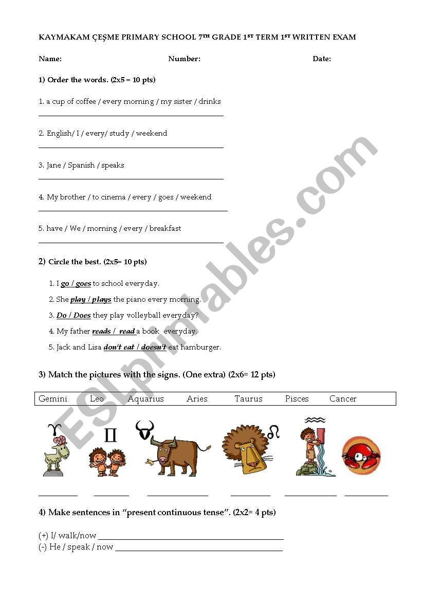 test on various topics worksheet