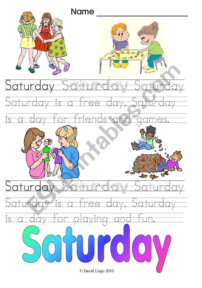 Days of the Week: Saturday and Everyday (3 worksheets, color and B & W plus word search key)