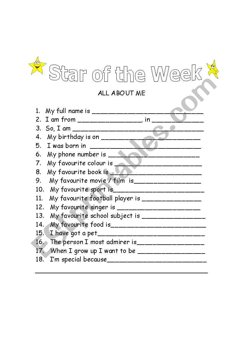 Star of the week worksheet