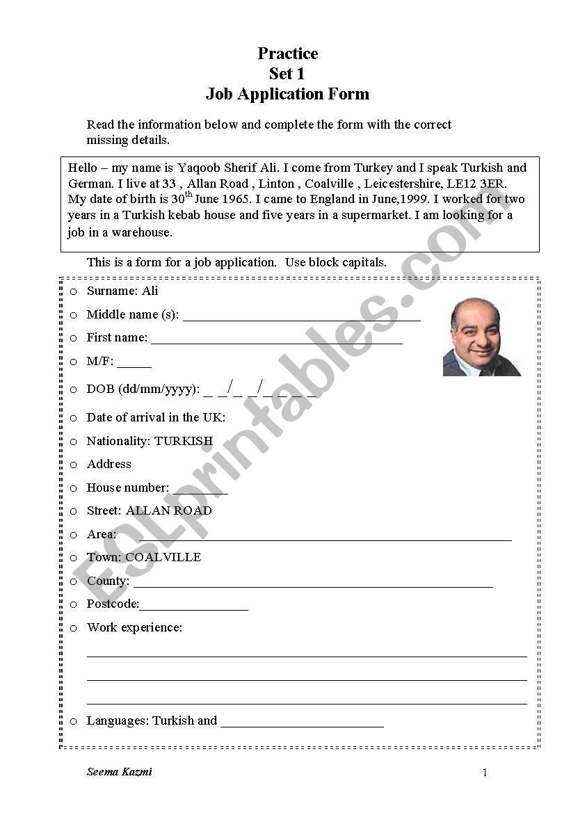 job application form worksheet