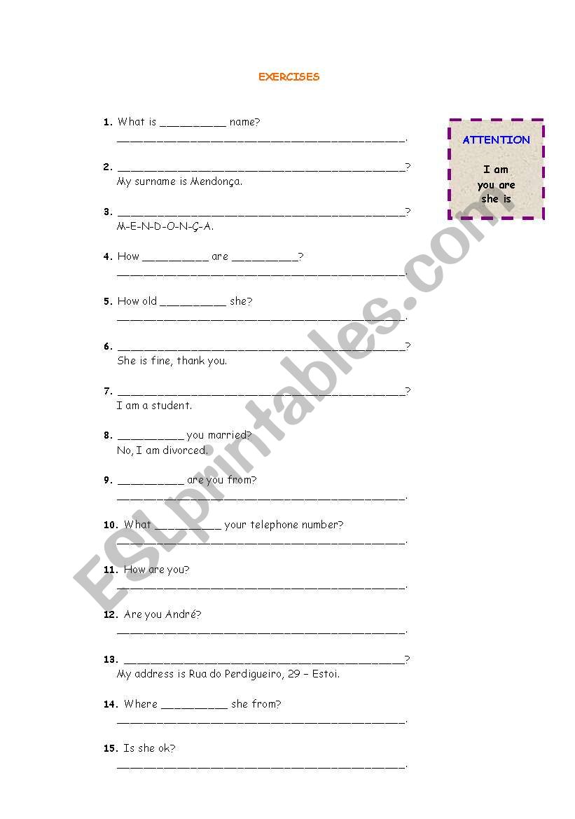 Personal questions worksheet