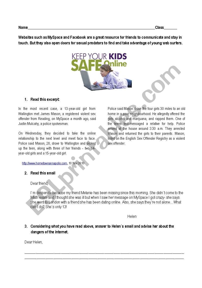 Internet dangers - real story worksheet