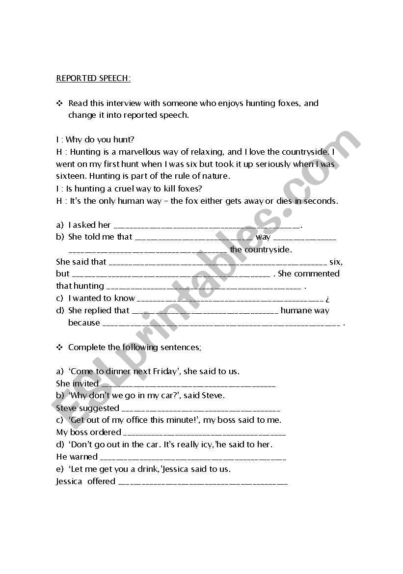 REPORTED SPEECH worksheet
