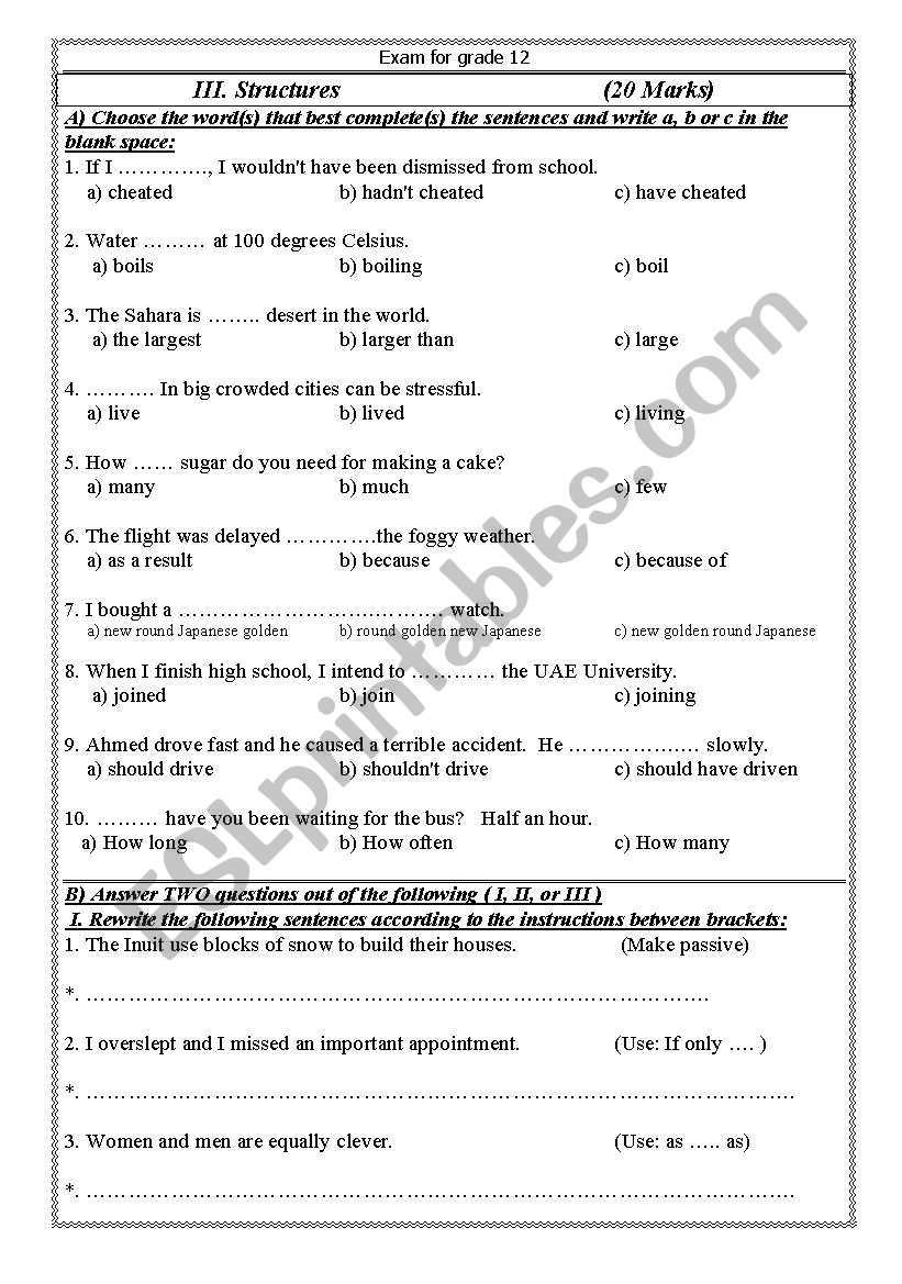 exam for grade 12 worksheet