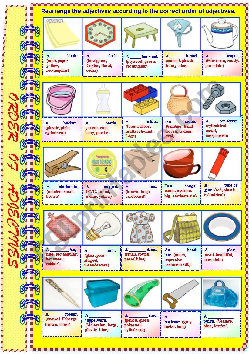 Order of Adjectives - Practice exercise - Medium- with B/W and answer key - **editable