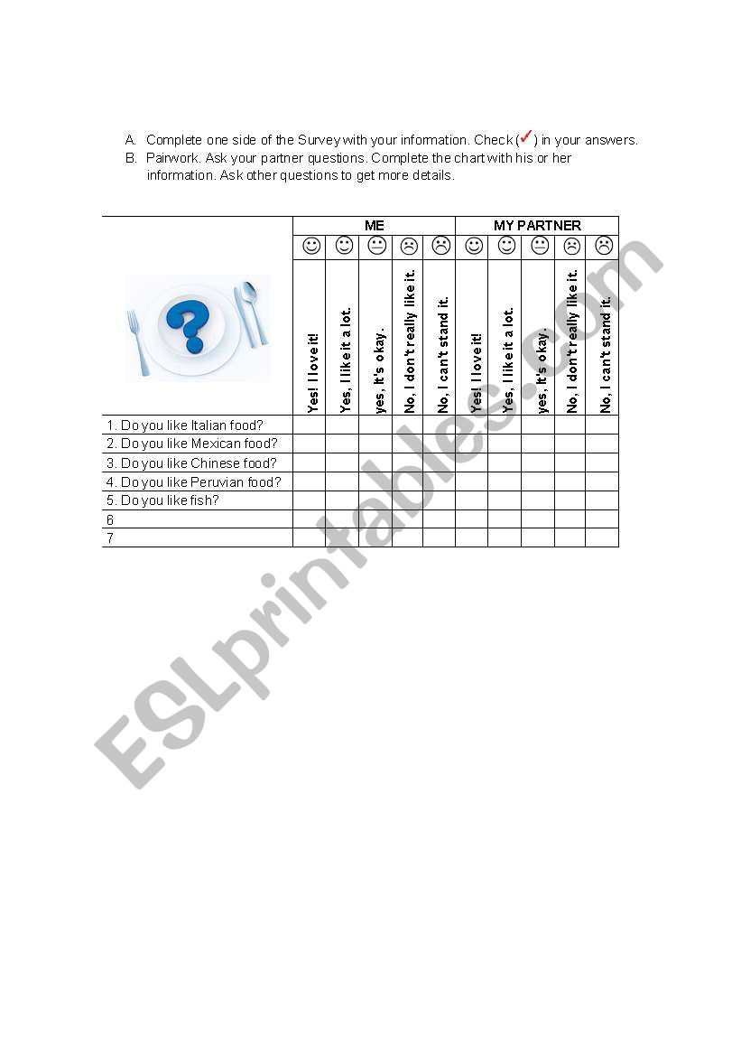 Likes and dislikes Food worksheet