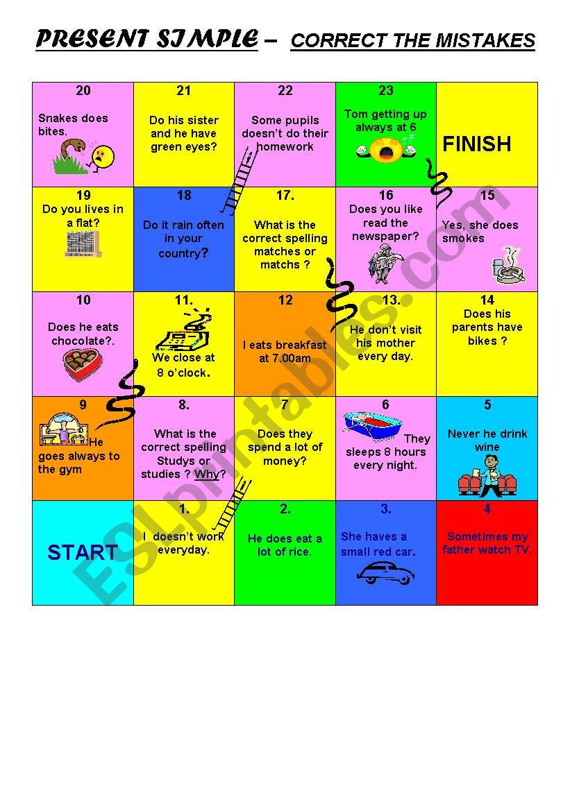 PRESENT SIMPLE - SNAKES AND LADDERS GAME - ESL worksheet by faccom