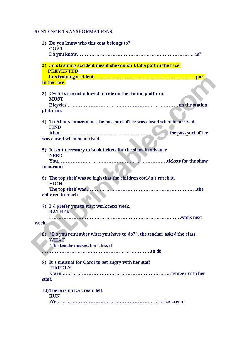 FCE TRANSFORMATIONS worksheet