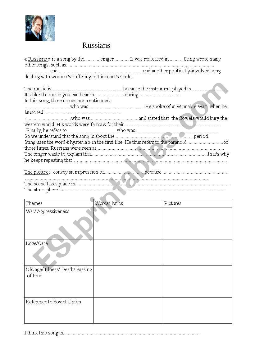 Russians, Sting worksheet