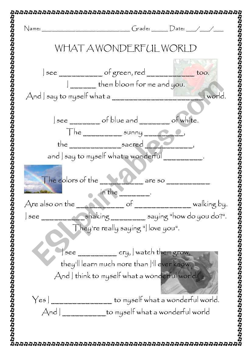 Song worksheet - what a wonderful world (plural of nouns)