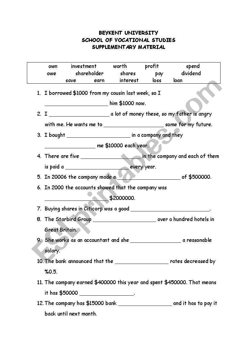 money words worksheet