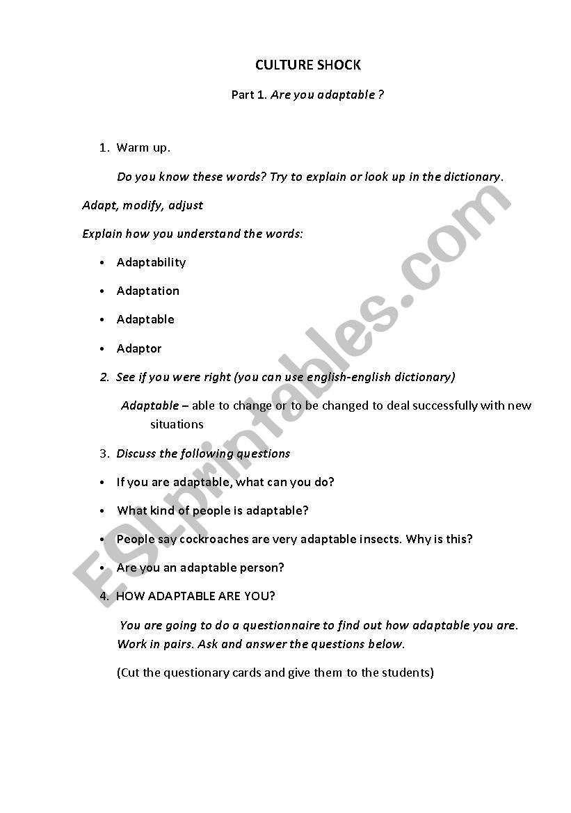 Culture Shock discussion worksheet