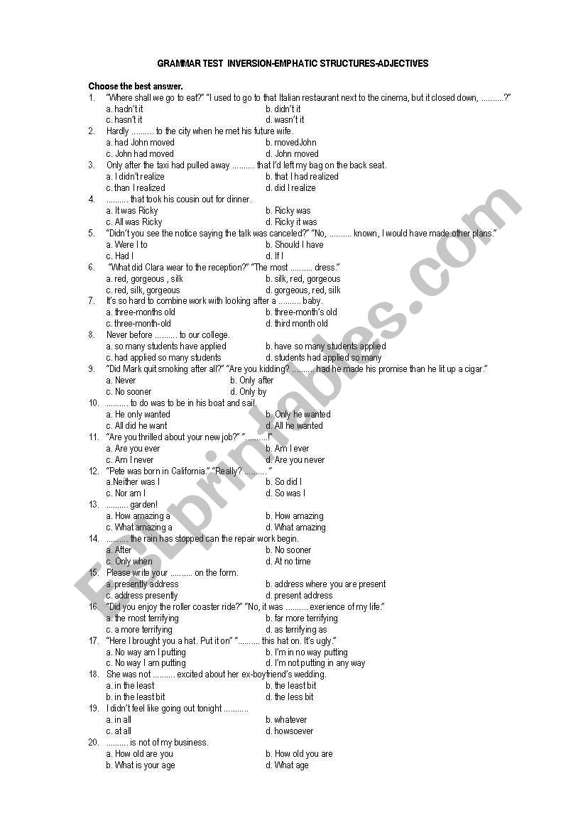 INVERSION EMPHATIC STRUCTURES worksheet