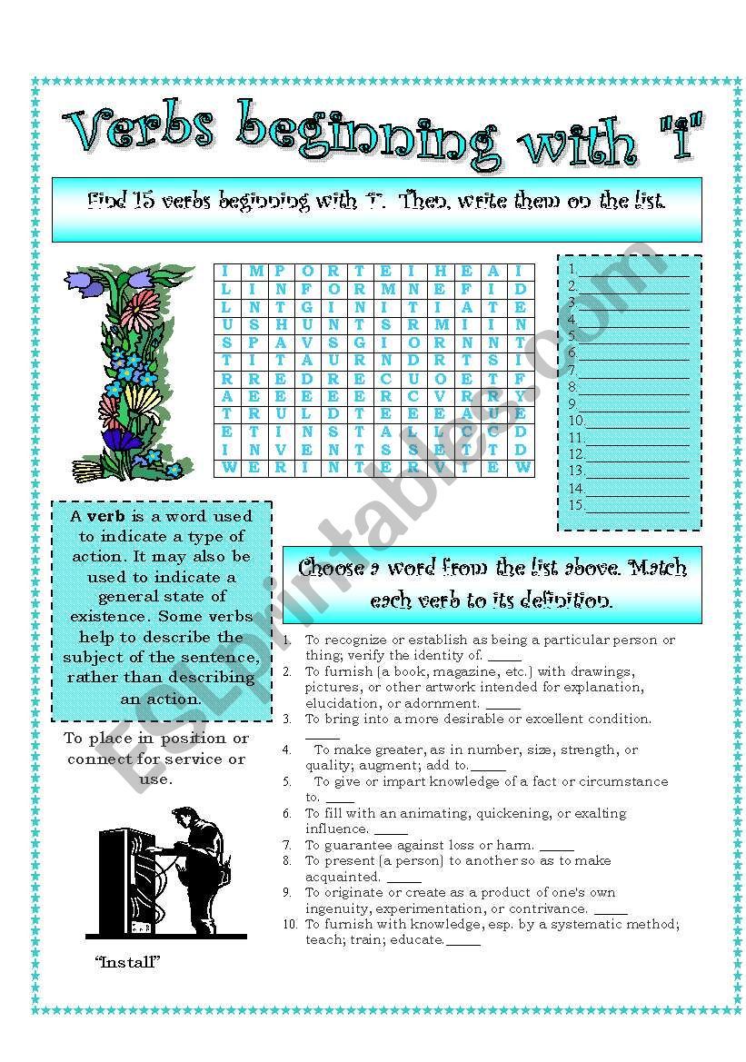 Verbs (I)...A list of verbs classified by their beginning sounds.