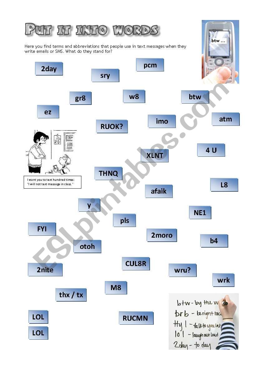 Mobile phone abbreviations worksheet