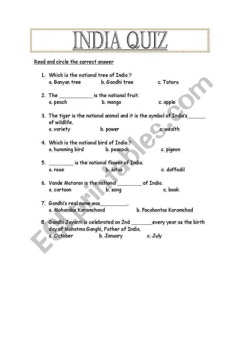 India quiz worksheet