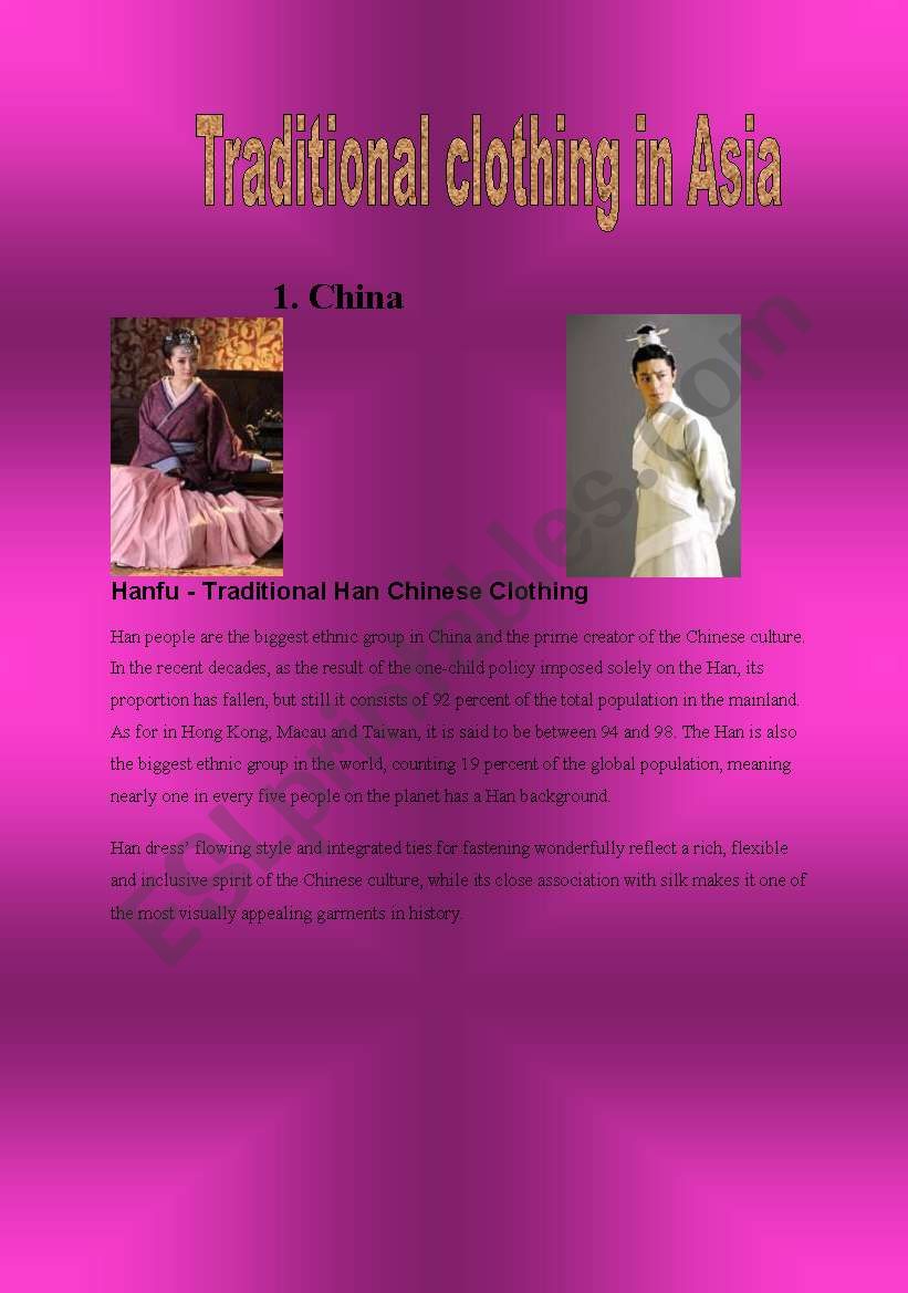 Traditional clothing in Asia. worksheet