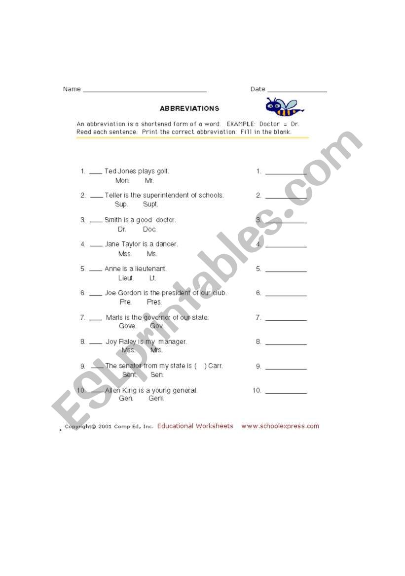 Abbreviations worksheet