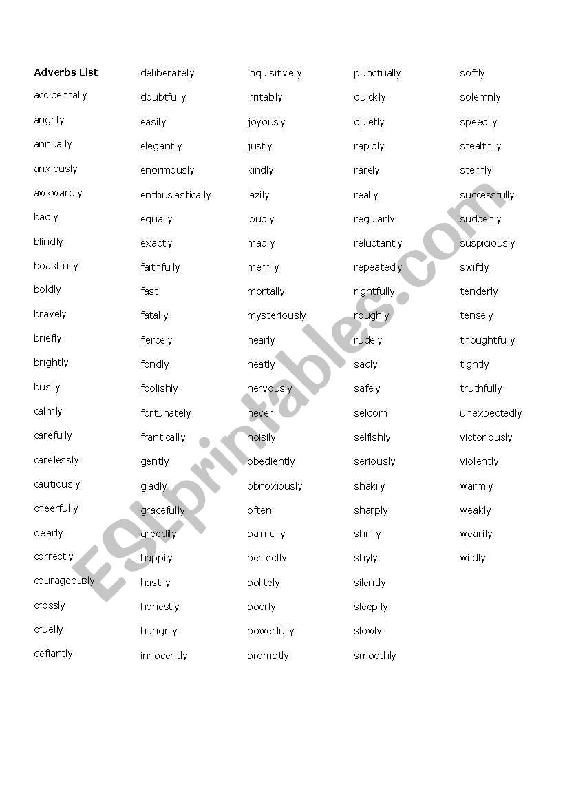 Adverbs list worksheet
