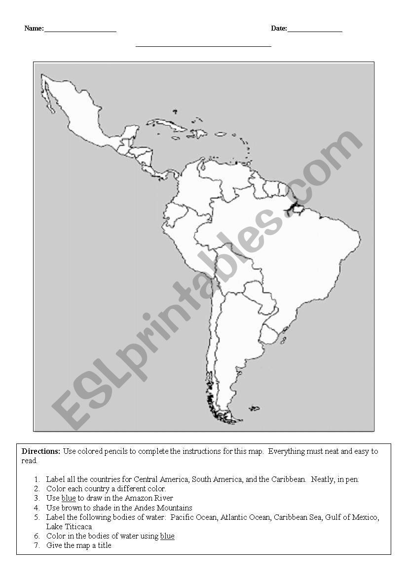 English Worksheets Latin America Map Activity