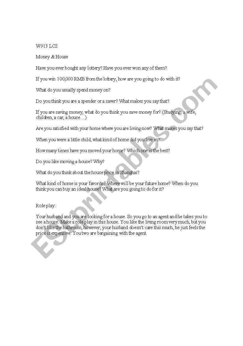 Money and House worksheet