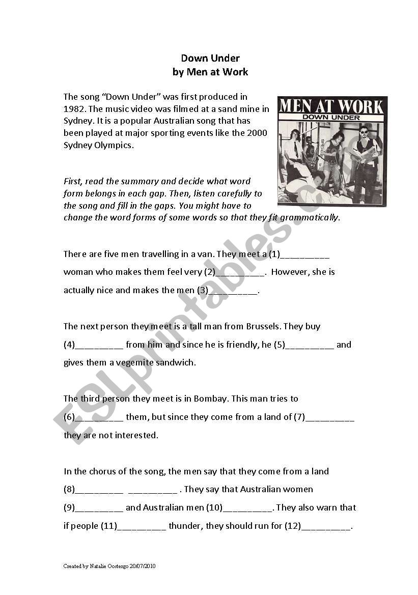 Down Under: Men at Work worksheet