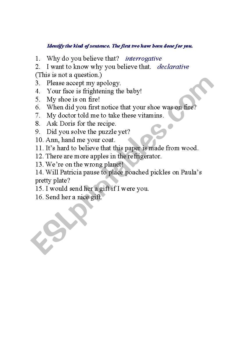 Identifu the Sentences worksheet