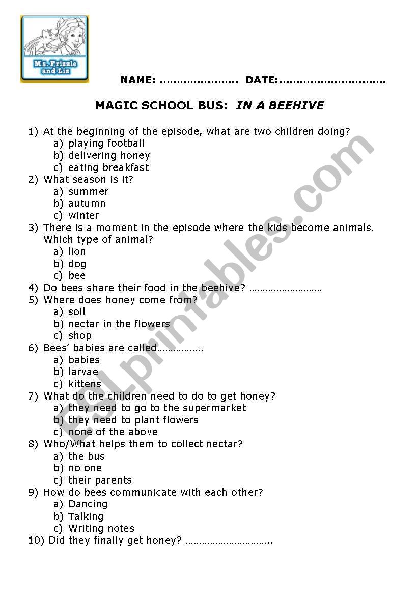 English worksheets: worksheet to be used after watching an episode Pertaining To Magic School Bus Worksheet