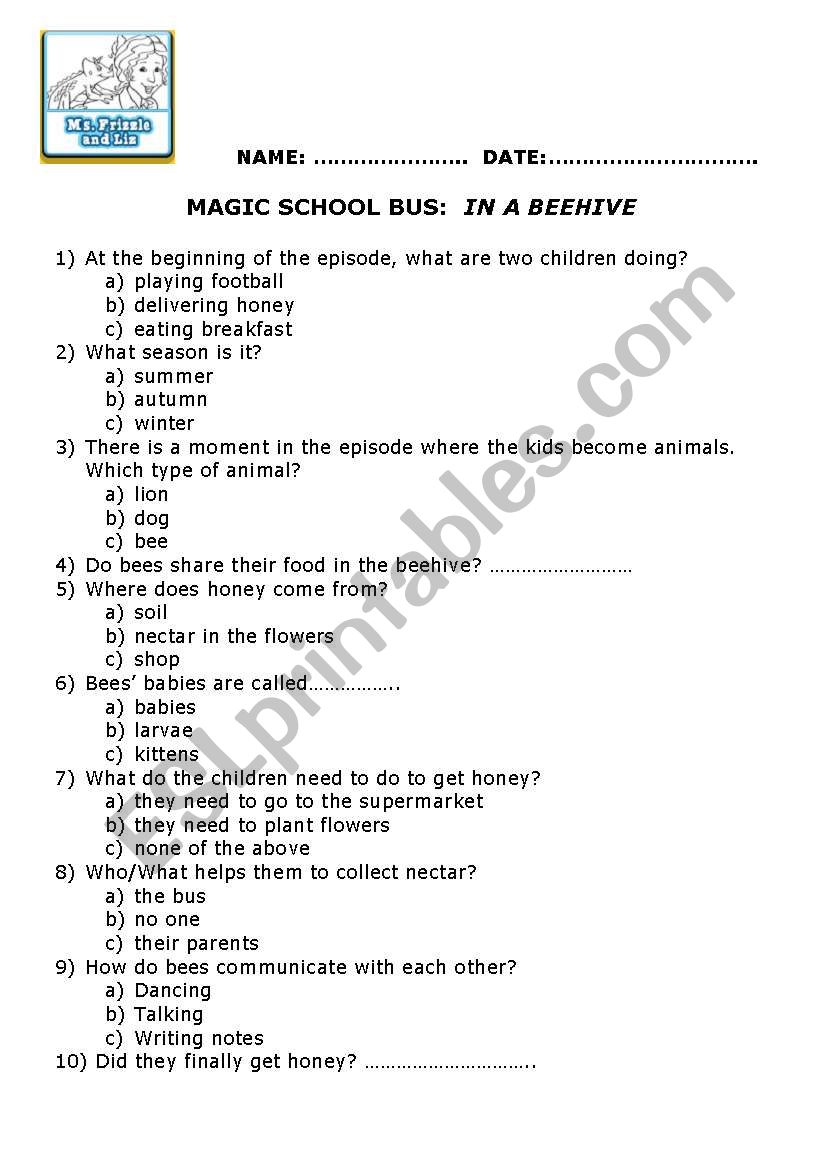 worksheet to be used after watching an episode from Magic School Bus 