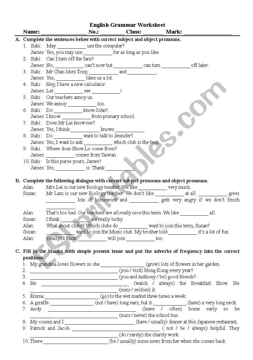 pronouns  simple present tense worksheet