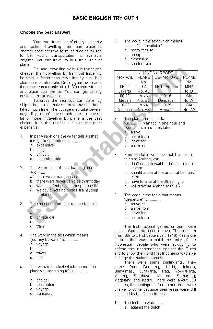 basic english try out 1 worksheet