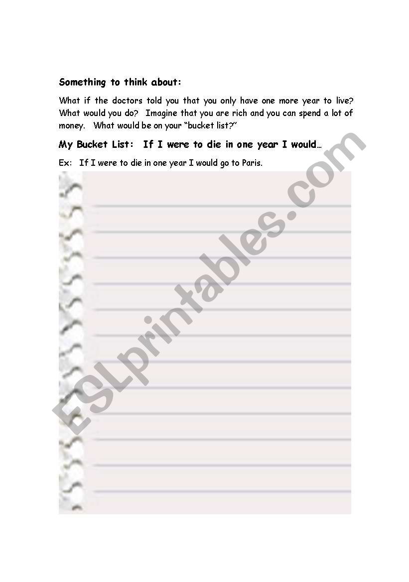 Bucket List Worksheet worksheet