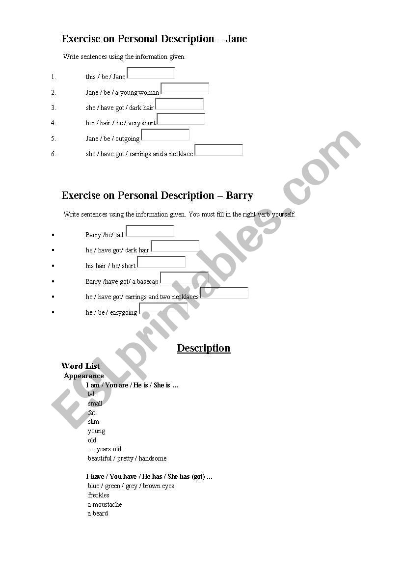 Personal Description worksheet