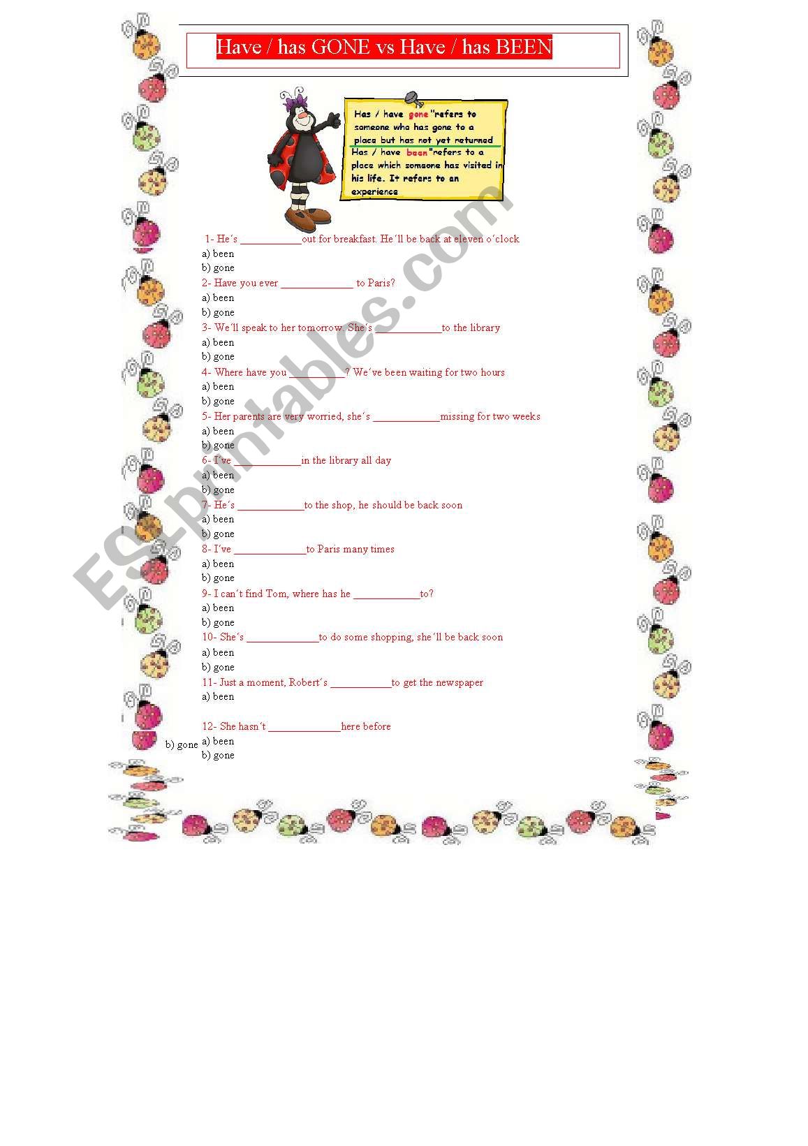 gone vs been worksheet