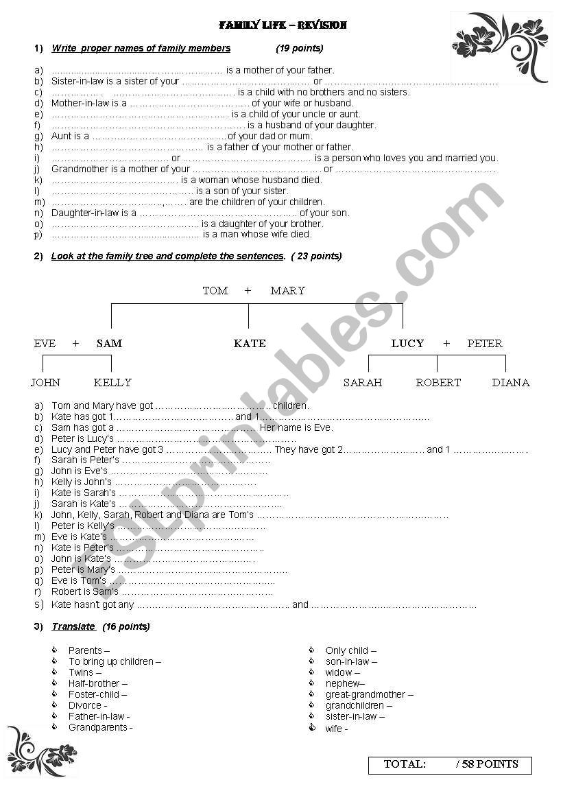 Family life - revision worksheet