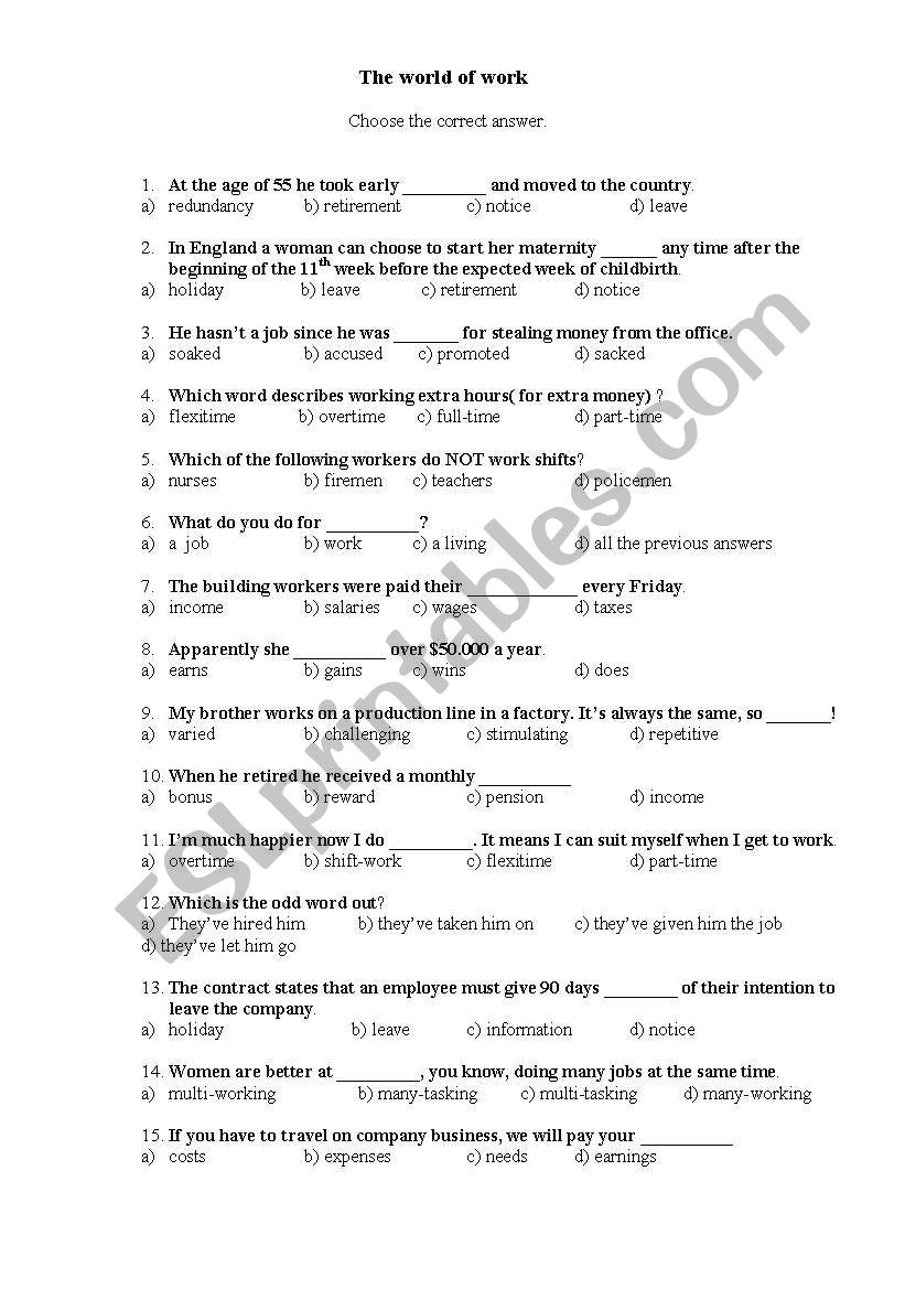 Quiz on the world of work worksheet