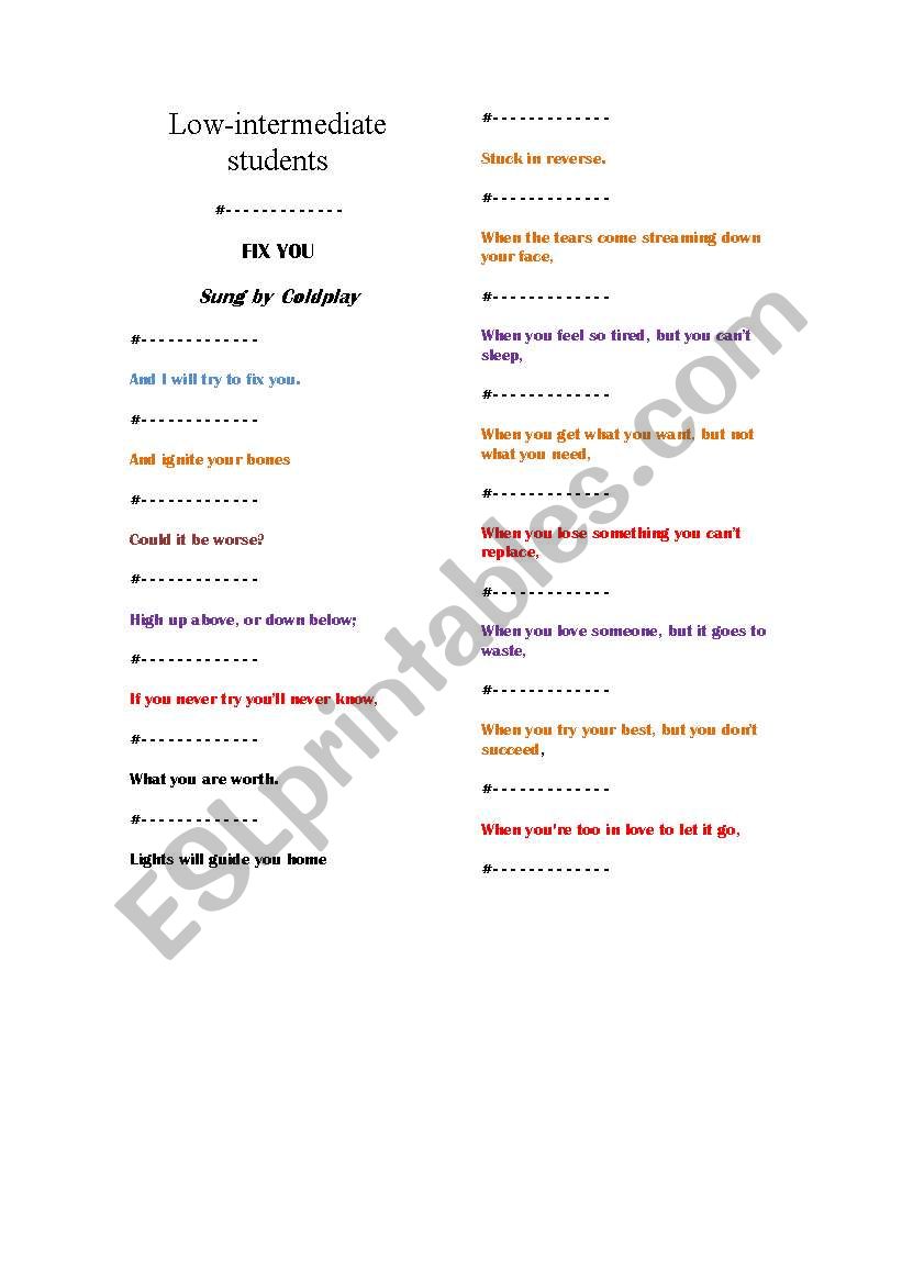 Fix you, Coldplay worksheet