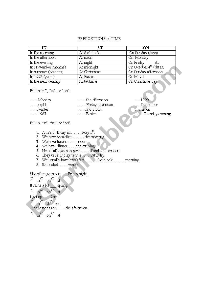 prepositions of time worksheet